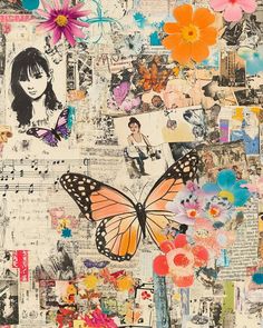 an image of a butterfly and flower collage on paper with many different pictures around it