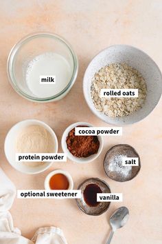 ingredients to make homemade oatmeal recipe displayed in bowls with labeled labels on them