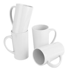 three white coffee mugs stacked on top of each other with one cup in the middle