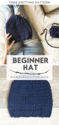 the beginner hat is knitted in blue yarn