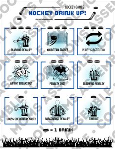 the hockey drink up game is shown in blue and white, with instructions on how to play