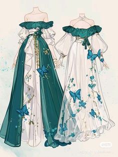 Fantasy Dress Drawing Outfit Ideas, Anime Prom Dress, Fantasy Dresses Drawing, Nature Themed Dress, Fancy Dress Drawing, Fashion Outfits Sketches, Butterfly Outfit Aesthetic, Anime Dress Design, Dresses To Prom