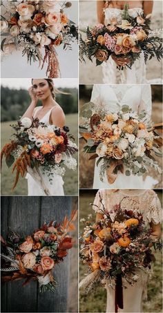 the wedding bouquets are all different colors and sizes