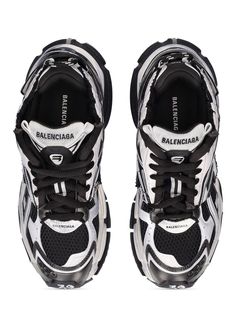 Find BALENCIAGA 60mm Runner Sneakers on Editorialist. 60mm Sculpted rubber sole. Faux leather and mesh upper. Front and back pull loops. Front lace-up closure. Embossed logo detail at heel. Debossed logo on the tongue. Mesh lining and insole Designer Black Sneakers With Translucent Outsole, Designer Black Sneakers With Vibram Sole, Balenciaga Women, Debossed Logo, Ski Accessories, Mule Sandals, Sports Accessories, Flat Espadrilles, Swim Accessories