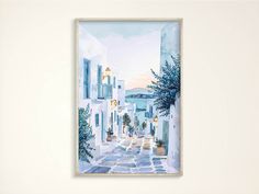 a watercolor painting of an alleyway with potted plants on either side and buildings in the background