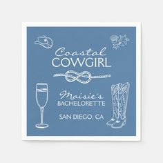 a card with an image of boots, wine glass and lasso