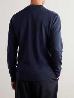 DESIGNED BY MR PORTER. We know the value of a well-made staple, so classic pieces like this sweater form the core of our Mr P. collections. It's been knitted in Italy from soft merino wool and meant to fit comfortably – perfect for layering over crew-neck tees and collared shirts. This product is part of Mr P.’s PERMANENT collection, a range of premium everyday staples designed to form the foundation of the modern man’s wardrobe. Wool Crew Neck Polo Sweater For Work, Navy Cotton Sweater For Work, Classic Knit Sweatshirt, Navy Fitted Sweater With Ribbed Cuffs, Fitted Navy Sweater With Ribbed Cuffs, Navy Fine Knit Long Sleeve Sweater, Blue Merino Wool Polo Sweater For Workwear, Classic Blue Cashmere Polo Sweater, Navy Wool Sweater With Ribbed Cuffs