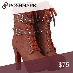 a pair of high heeled boots with straps and buckles on the side, $ 75