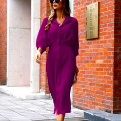 Elegant Batwing Three-Quarter-Sleeve Midi Dress With Collar And Button-Front! Pair With A Colorful Shoe Or Gold Belt For *Chefs Kiss* Chic Purple Long Sleeve Midi Dress, Purple V-neck Midi Dress For Work, Purple Long Sleeve Midi Dress For Fall, Chic Purple Midi Dress For Fall, Purple Collared Summer Dress, Purple Fitted Collared Dress, Fitted Purple Collared Dress, Casual Purple Midi Dress For Fall, Casual Purple Shirt Dress For Spring