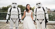 a bride and groom dressed up as stormtroopers