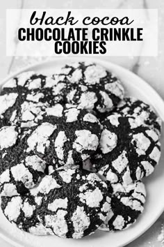 chocolate crinkle cookies on a white plate with text overlay that reads black cocoa chocolate crinkle cookies