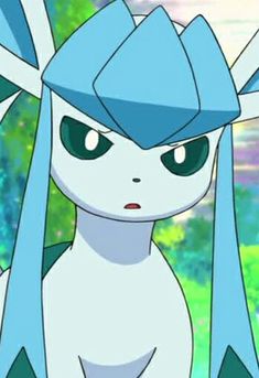 an animated pokemon character with blue hair and green eyes, looking at the camera while standing in