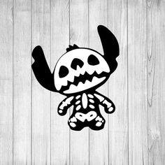 a black and white image of a cartoon character on a wooden background with planks