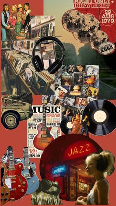 collage of various music related items including an old car