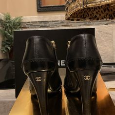 Authentic Beautiful Chanel Booties In Prestige Condition, Comes With Original Box And Receipts. Chanel Booties, Shoes Chanel, Chanel Black, Chanel Shoes, Leather Booties, Bootie, Open Toe, Bootie Boots, Original Box