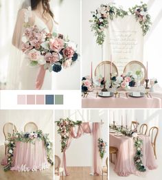 a collage of pink and blue wedding decor with flowers on the table, chair sashes, candles, and chairs