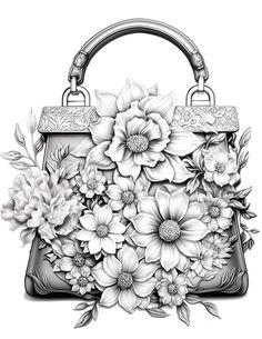 a handbag with flowers and leaves on the handle is drawn in black and white