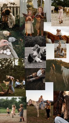 a collage of photos with people and animals in the middle one is holding an egg