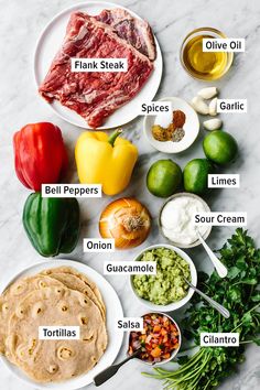 the ingredients to make this recipe include meat, peppers, onions, guacamole, limes, cilantro, garlic, and more