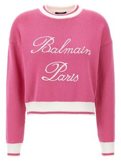 'Balmain Signature' cotton blend sweater with front logo embroidery, crew neck, long cuffed sleeves. Composition: 44% cotton 44% lyocell 12% polyamide Balmain Sweater, Balmain Blazer, Top Designer Brands, Double Breasted Blazer, High End Fashion, Logo Embroidery, Couture Collection, Yoga Wear, Knit Jumper