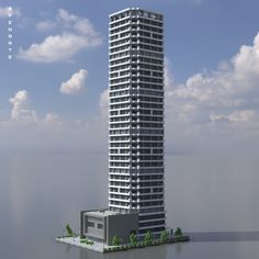 a tall building sitting on top of a large body of water next to a beach