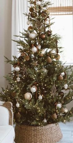 a small christmas tree in a wicker basket