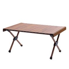 a wooden table sitting on top of a metal frame