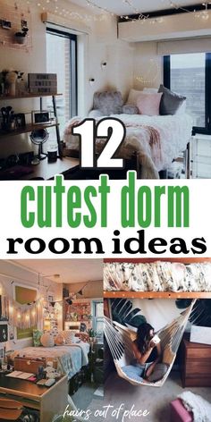 some pictures with the words 12 cute dorm room ideas