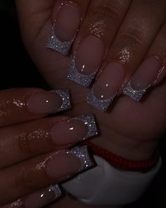 Silver Nails Acrylic Square, Silver Nails Acrylic French Tip, Silver Sparkly Nails Acrylics, Simple Nails Glitter, Simple Color Nails Acrylic, Simple Nail Designs With Glitter, Cute Bridesmaid Nails, Prom Nails Gems, French Nail Designs Glitter