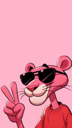 a pink mouse wearing sunglasses and giving the peace sign with his hand while standing in front of a pink background