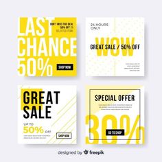 four yellow and black sales banners with the words great sale 50 % off on them