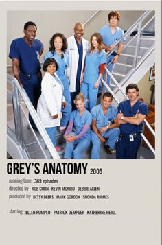 the grey's anatomy poster is shown with doctors and nurses in blue scrubs