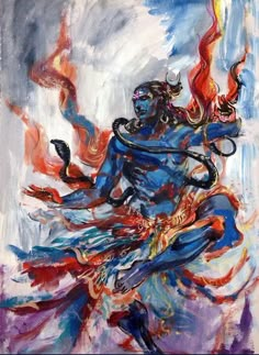 an abstract painting of a person holding a candle in his hand and standing on one leg