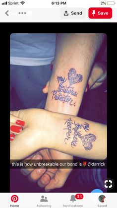 two people holding hands with tattoos on their arms and the words, my family is how unbreakable our bond is