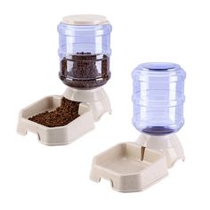 two pet feeders with food in them on a white background