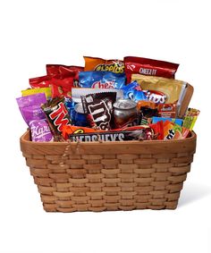 a basket filled with lots of candy and snacks