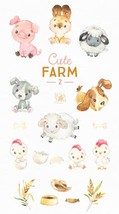 the cute farm animals are painted in watercolor