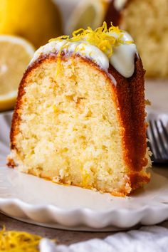 a slice of lemon cake on a white plate