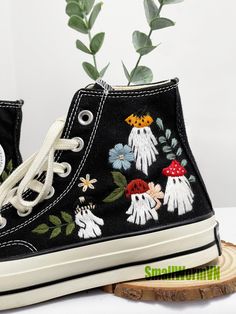 Ghost and Mushroom Embroidered Shoes, Daisy Flower Shoes, Cute Ghost Converse, Chuck Taylor Flower Embroidery, Fall Shoes - Etsy Spring Embroidered Canvas Shoes With Round Toe, Spring Embroidered Sneakers, Embroidered Sneakers For Spring, Spring Embroidered Flat Sneakers, Embroidered Closed Toe Sneakers For Spring, Black Sneakers With Floral Embroidery, Black Lace-up Sneakers With Floral Embroidery, High-top Sneakers With Embroidered Graphics For Spring, Embroidered Black Lace-up Sneakers