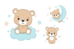 a teddy bear sitting on top of a cloud next to a crescent and star wall decals