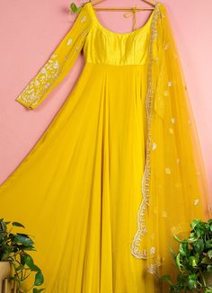 Sunshine Yellow Anarkali Anisha Shetty - Fabilicious Fashion Yellow Georgette Anarkali, Yellow Anarkali Suits, Anarkali Georgette, Yellow Anarkali, Dori Work, Anarkali Dresses, Georgette Anarkali, Anarkali Dress Pattern, Georgette Dupatta