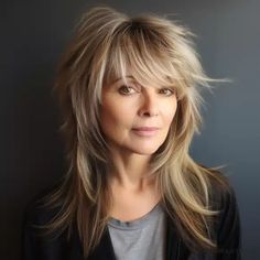 a woman with long blonde hair and bangs looking at the camera while wearing a black jacket