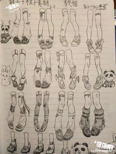 an open notebook with drawings of various pairs of shoes and panda's feet on them