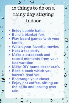 a sign that says 10 things to do on a rainy day staying indoors