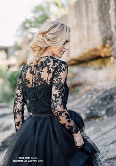 "Black Engagement or Wedding Albertine Top, Swan Lace Prom or Evening Crop Top, Bridal separates top, Plus Size Lace Top 100% real photos! THIS TOP & TULLE SKIRT TOGETHER YOU CAN ORDER HERE - https://www.etsy.com/StylishBrideAccs/listing/615376554/swan-black-engagement-or-wedding-dress \"ALBERTINE\" LACE CROP TOP in 3 SLEEVES Delicate floral lace. The silk camisole under top is included to this set. Gentle luxury handmade silk and lace crop top. Amazing thing in any wardrobe. Expensive print Black Tulle Wedding Dress, Bridal Separates Tops, Black Bridal Dresses, Bridal Suits, Black Wedding Dress, Gothic Wedding Dress, Lace Wedding Dress With Sleeves, Ruffle Wedding Dress, Gown Plus Size