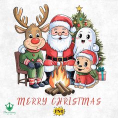 a christmas card with santa claus, reindeer and two kids sitting around a campfire