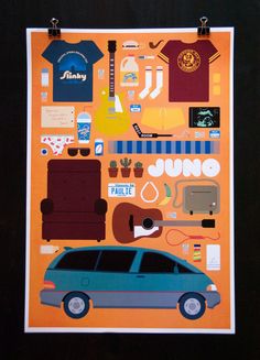 a car is surrounded by various items that are on top of each other, including an orange background