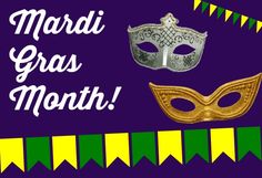 mardi gras mask and banner with buntings on purple background for the mardi gras month