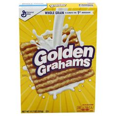 a box of golden grahams cereal with milk pouring out of the top, on a white background