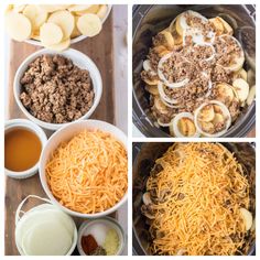 four pictures showing the steps to make an easy casserole with ground beef and cheese